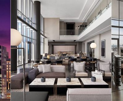 Triptych of a contemporary hotel: glass-walled exterior, spacious lounge with neutral seating, and a stylish dining area with city views.
