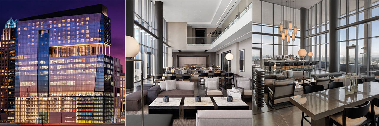 Triptych of a contemporary hotel: glass-walled exterior, spacious lounge with neutral seating, and a stylish dining area with city views.